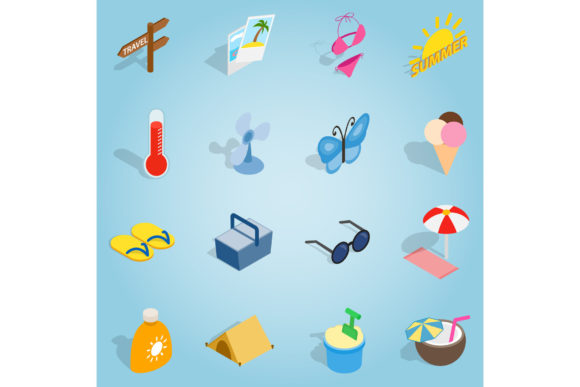 Isometric 3D Summer Icons for Modern UI