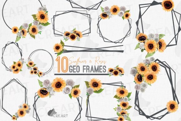 Sunflower and White Roses Geo Grey Frame